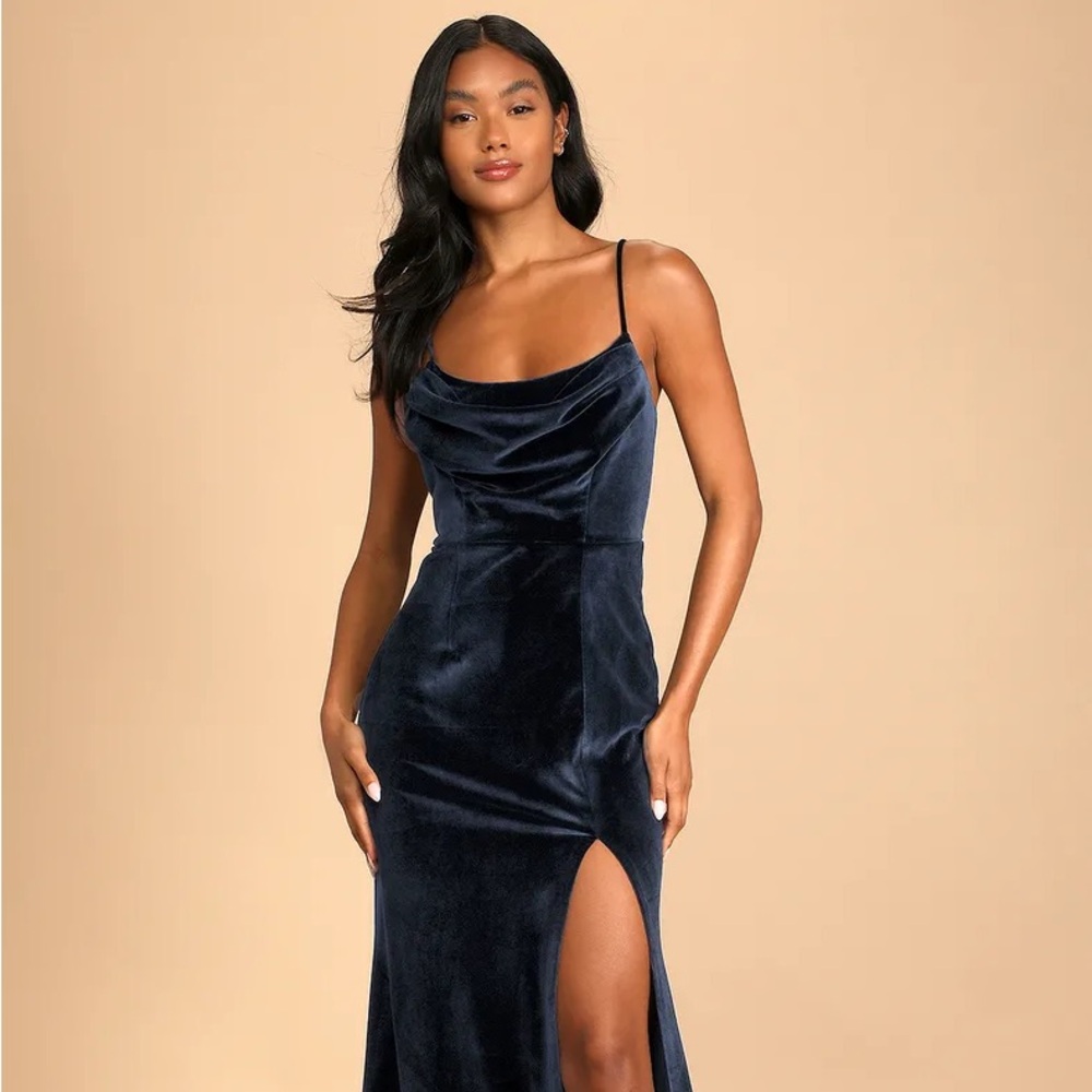 Lulus Everything I Do Navy Blue Velvet Cowl Neck Mermaid Maxi Dress, M
